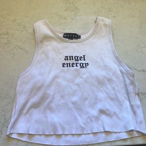 Motel Rocks crop top says “Angel Energy”.